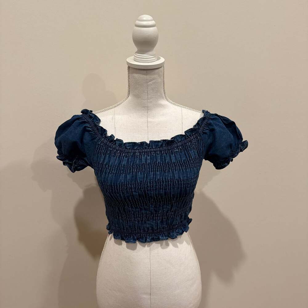 Sim & Sam Denim Blue Smocked Off-The-Shoulder Puff Sleeve Crop Top